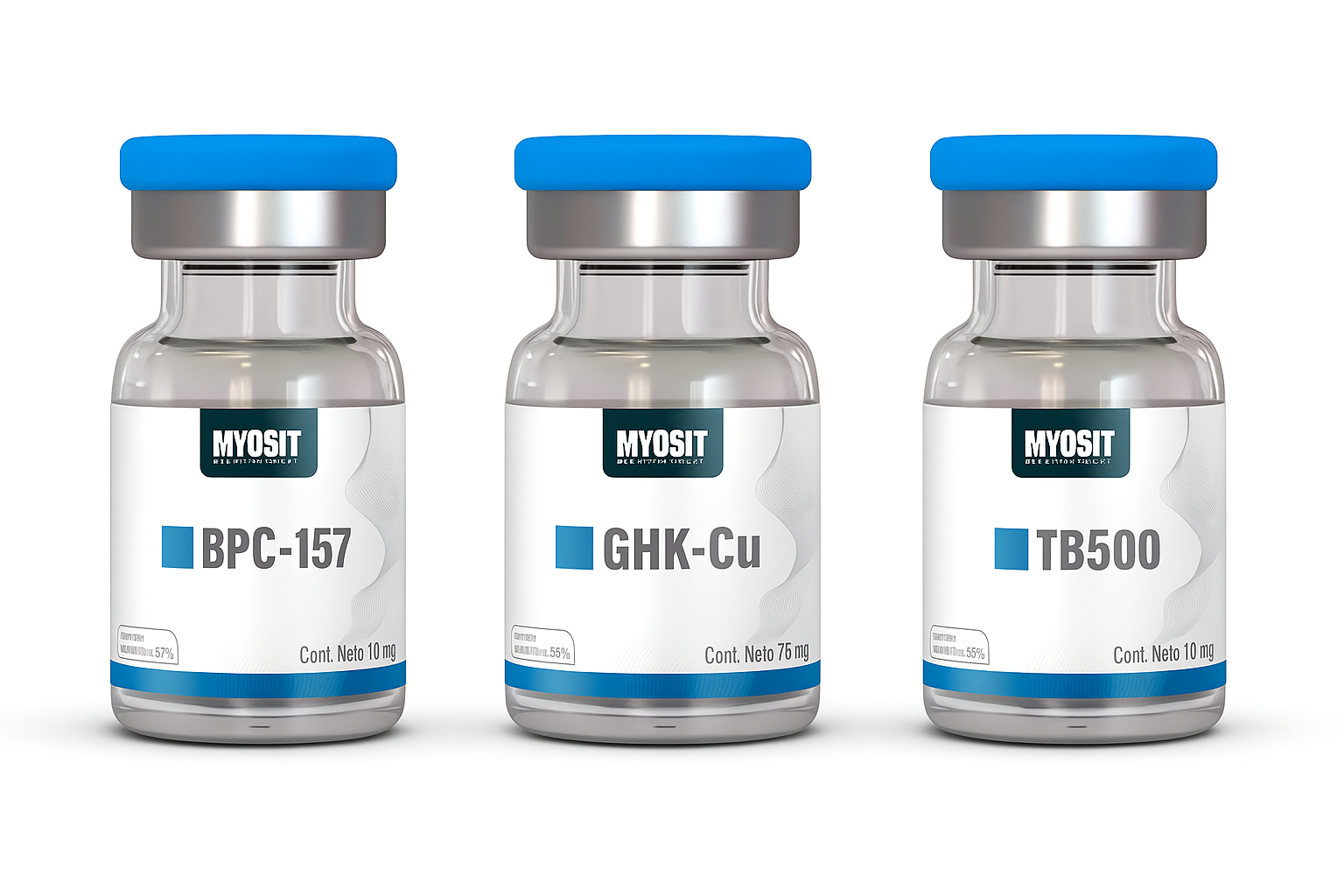 Vial de Glow Stack (GHK-Cu, BPC-157, TB-500) para regeneración de piel y colágeno Myosfit México